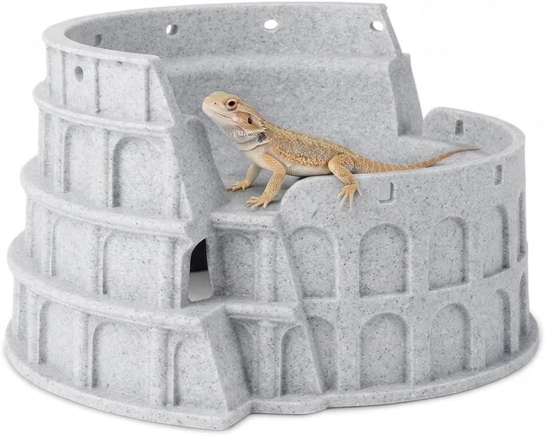 Amphitheater-Shaped Reptile Tank Decor & Hideout, 2-in-1 Washable Basking Platform for Leopard Gecko, Crested Gecko, Corn Snake, Dwarf Hamster, Small Lizard Accessories