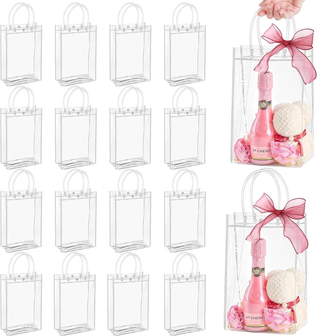 Jutieuo 24 Pack Clear Plastic Gift Bags with Handles, Reusable Transparent Party Favor Bags PVC Goodie Bag Bulk for Wedding, Baby Shower, Birthday (6.3" x 9.8" x 3.2")