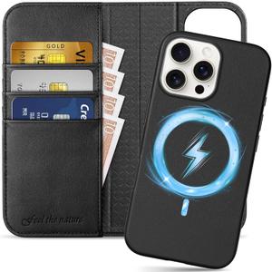 SHIELDON Wallet Case for iPhone 16 Pro Max 6.9", Genuine Leather Detachable Wireless Charging Magnetic Kickstand RFID Blocking Card Slots Shockproof Compatible with iPhone 16 Pro Max 5G - Nappa Black