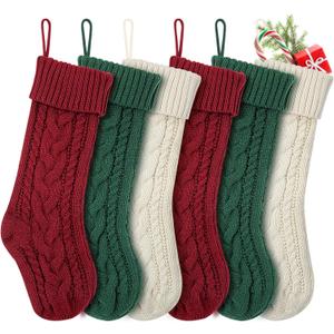 Christmas Stockings, 18 Inches Knit Christmas Stockings Xmas Hanging Stockings for Family Christmas Decorations (Burgundy, Green, Ivory)