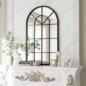 Arch Wall Mirror Mounted Decorative, 24"x42", Arched Window Pane Mirror for Wall-Mounted for Entryway, Bathroom Vanity, Living Room or Bedroom, Iron Frame, Black