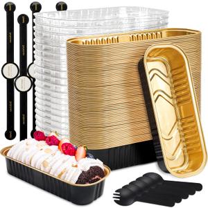 Mini Loaf Pans with Lids Rectangle Aluminum Foil Baking Pans Tins Containers for Wedding Birthday Party 6.8oz(Black Gold, 60Pack)