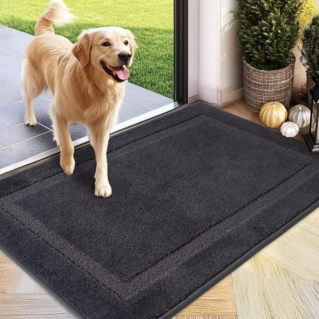 PLEASOR Front Door Mat, Absorbent Dirt Trapper Welcome Door mat Indoor, Non Slip Machine Washable Entryway Rug, Dog Door Mat, Low Profile Doormat for Front and Back Doors, 32x47, Grey