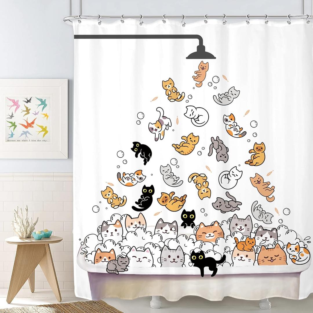 SVBright Cute Cat Shower Curtain for Kids Children 72Wx72L Inch Funny Cartoon Animal Raining Colorful Hilarious Lovely Pets Playing Water Bathroom Waterproof Polyester Fabric Bathtub 12 Pack Hooks