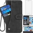 Asuwish Compatible with iPhone 6 6s Wallet Case Tempered Glass Screen Protector Flip Card Holder Stand Cell Phone Cover for iPhone6 Six i6 S iPhone6s iPhine6s iPhones6s i Phone6s Phone6 6a S6 Black