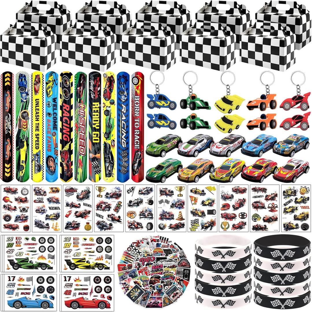 120 Pcs Race Car Party Favors Set with Keychains Slap Bracelets Tattoo Stickers Wristbands Treat Boxes Treat Bags Stuffers Race Car Party Supplies Race Car Party Decorations