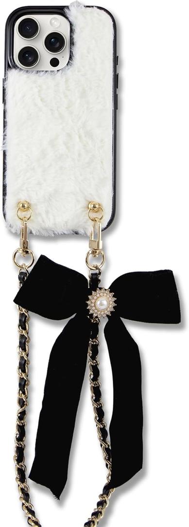 Crossbody Case for iPhone 15 Pro with Gold and Black Vegan Leather Woven Chain - White Fur