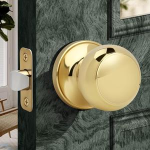 Moquin Gold Passage Door Knob Without Lock or Key, Non-Locking Interior Flat Ball Door Knob for Hallway or Closet, Polished Brass