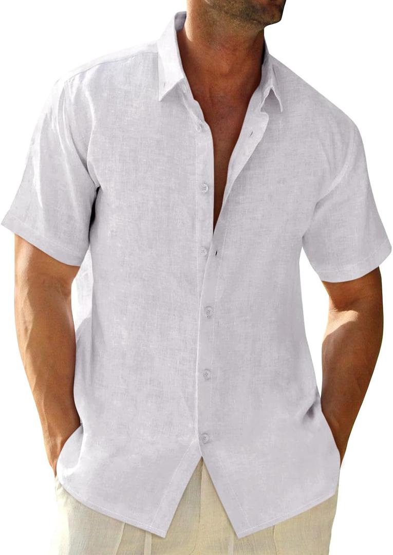 Runcati Mens Button Down Linen Shirts Short Sleeve Casual Summer Beach Tops (White)