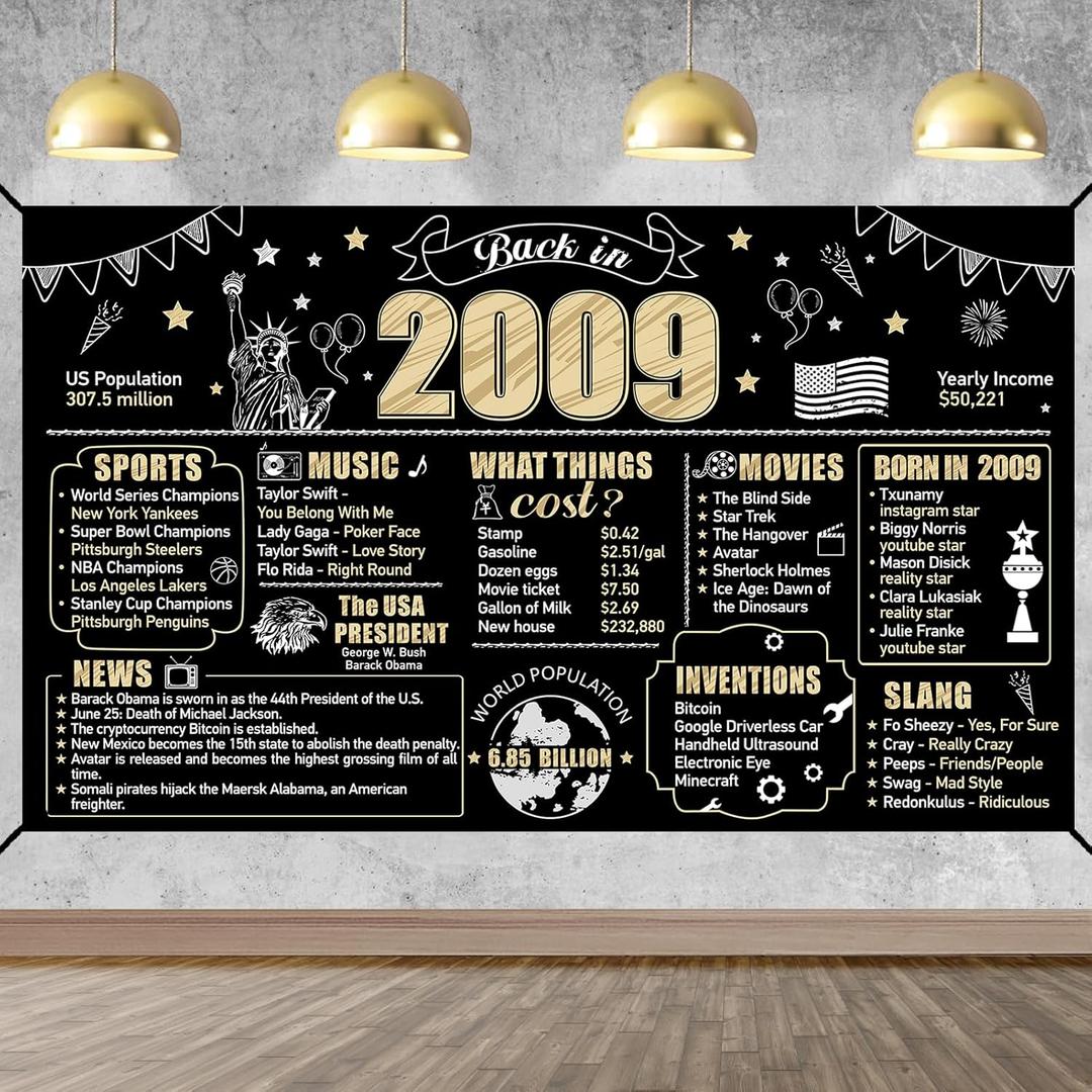 Eiurteao Large 16th Birthday Banner Backdrop Decorations for Boys Girls, Back in 2009 Happy 16 Birthday Background Party Supplies, Black and Gold Sixteen Bday Photo Poster Decor for Indoor Outdoor