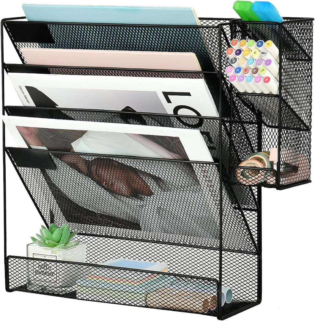 Spacrea File Organizer Wall Mount, 5 Tier Hanging Mail Organizer Folder Holder, Mesh Desk Accessories and Organizers, Paper Document Magazine Rack with 3 Pen Holder for Office Home School(Black)