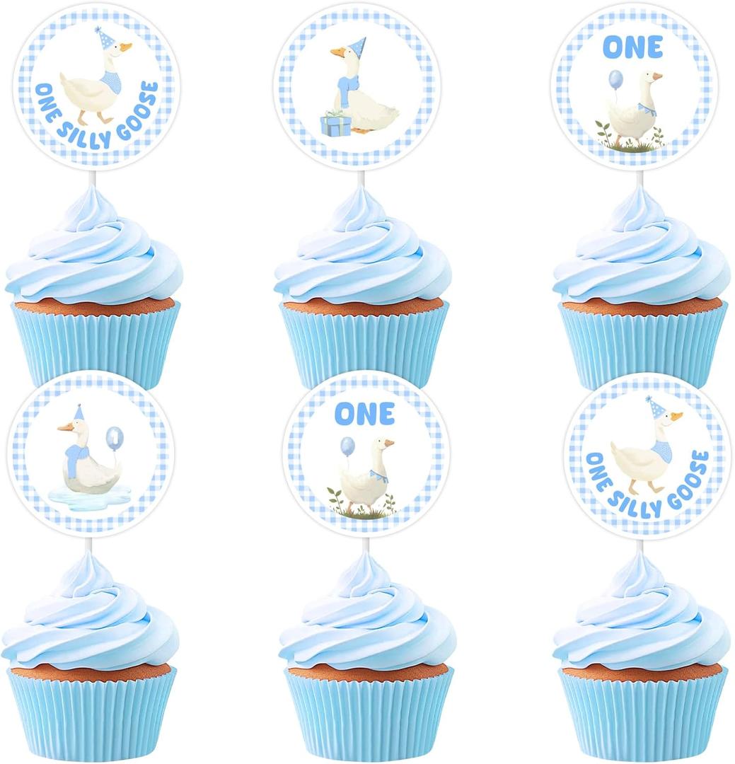 Cheereveal 24Pcs Blue Silly Goose Cupcake Toppers, One Silly Goose Cupcake Picks 1st Birthday Party Cake Decorations, Farm Animal Themed First Bday Baby Shower Party Supplies