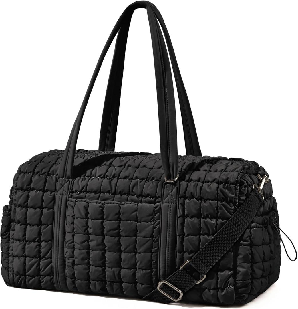 Quilted Travel Duffle Bag for Women Medium Weekender Bag Puffer Overnight Bag Large Soft Puffy Duffel Bag Carry-On Gym Bag Lightweight Personal Item Travel Bag for Trips Business Sport Airplane (Black)