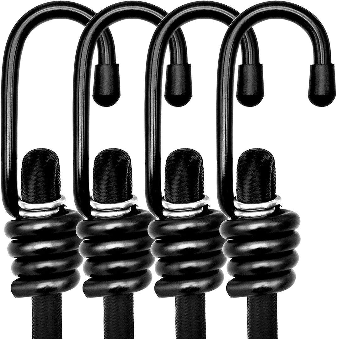 24" Heavy Duty Bungee Cords with Hooks, Black 4 Pack Industrial Grade Heavy Duty Straps Outdoor for Bikes, Tie Downs, Camping & Cars,Bungee Cord Tie Downs