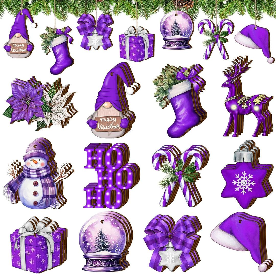 Huwena 36 Pcs Christmas Wooden Ornaments Purple Christmas Decorations for Tree Snowman Gnomes Poinsettia Flowers Truck Wreath Wood Cutouts Tags with Ropes Winter Decor for Christmas Tree Gifts