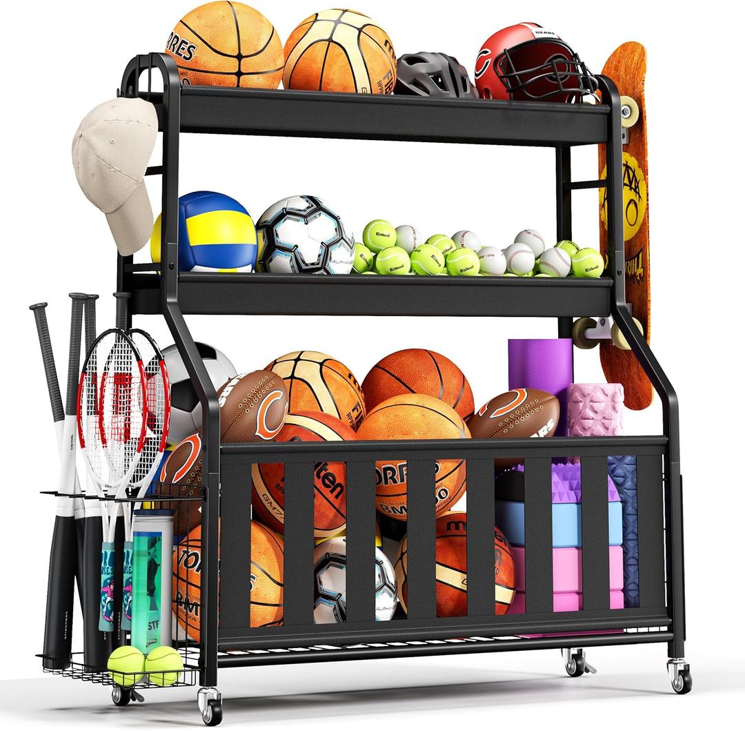 Sports Equipment Organizer, Rolling Ball Storage Cart with Locking Wheels, Hooks & Bat Rack