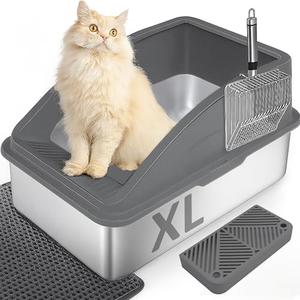 Cat Litter Box Stainless Steel Enclosure, Comfortable Space for Large Cats and Kittens, Easy to Clean Smooth Surface, Durable Metal Build with Cover, Litter Pad, Footboard and Shovel (Dark Gray)