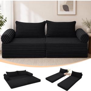 MeMoreCool Convertible Sofa Bed Queen, Corduroy Folding Couch Bed, Black, 80" Queen