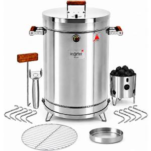 3-in-1 Stainless Steel Smoker Barrel Grill – Portable Charcoal BBQ with Thermometer, 40 lbs Outdoor Cooking Smoker for Camping, Backyard & Home BBQ INGRILL
