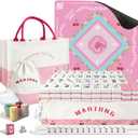 American Mahjong Tiles Set with Noise Reducing Mahjong Mat, 166 Pink Mahjong Game with Portable Storage Bags, 4 All-in-One Color Rack/Pushers, Scoring, Plastic Coins Dices for Adults & Beginners