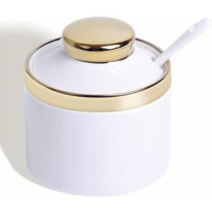 8 oz Sugar Bowl with Lid and Spoon, Simple Ceramic Sugar Jar Sugar Dispenser Sugar Container Coffee Bar Accessories, Modern Kitchen Countertop Canisters, White