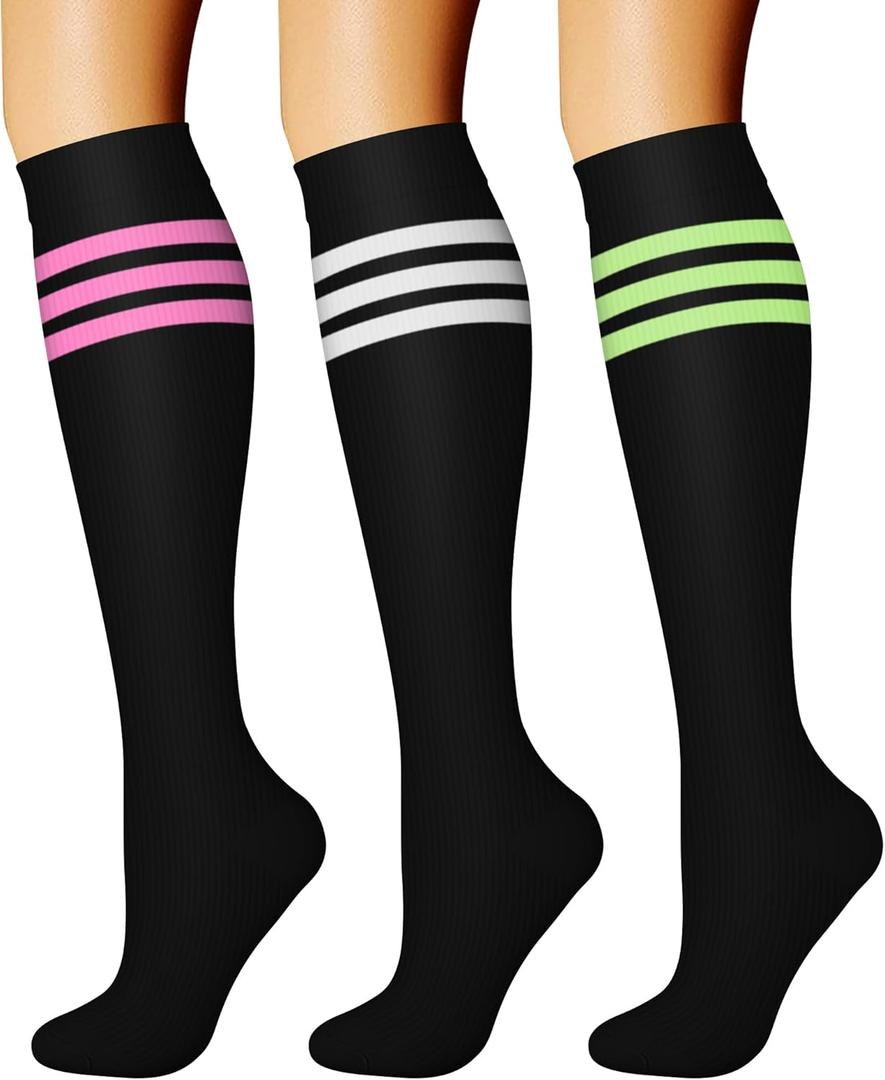CHARMKING Compression Socks for Women & Men Circulation (3 Pairs) 15-20 mmHg is Best Support for Athletic Running Cycling (Small-Medium, 25 White/Pink/Green)