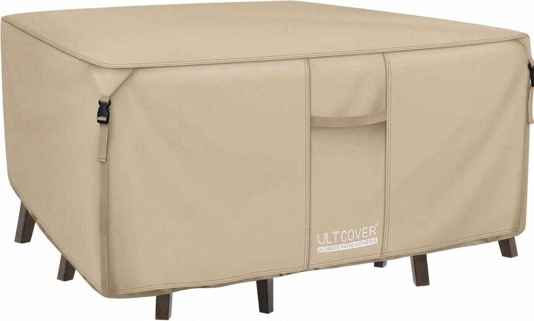 ULTCOVER 600D Tough Canvas Heavy Duty Square Patio Table and Chair Cover - Waterproof Outdoor General Purpose Furniture Covers 62 inch, Beige