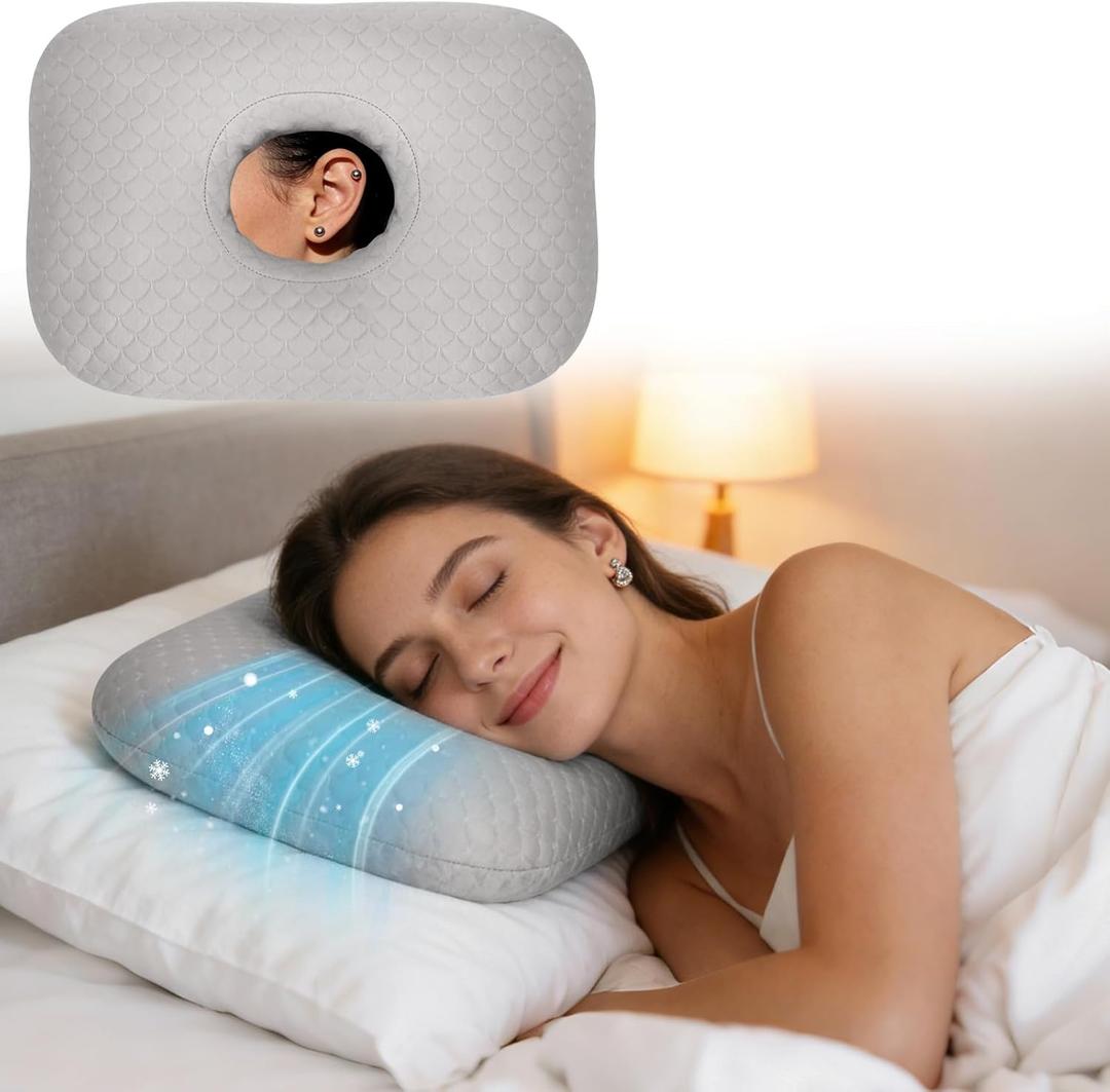 Cooling Ear Piercing Pillow for Side Sleepers, Earring Pillow with Hole for Sleeping, Washable Donut Pillows for Piercing, Cnh, Headphone, Ear Pain and Pressure Relief, Gray