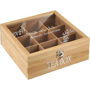 Handrong Modern Bamboo Tea Box, 9-Compartment Tea Bag Holder Organizer with Clear Cover
