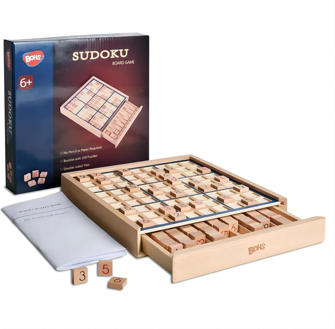BOHS Wooden Sudoku Board Game with Drawer - with 100 Puzzles Sudoku Book for Adults - Brain Teaser Desktop Toys