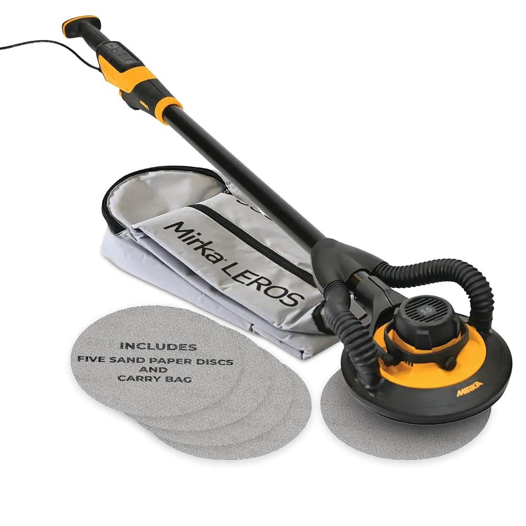 Mirka LEROS Electric Vacuum Drywall Sander Pole Ergonomic Lightweight 7.1 lb Tool with 9 Orbital Head, 180 Flexible Design, Dual Suction for Dustless Walls Ceilings Painting Prep