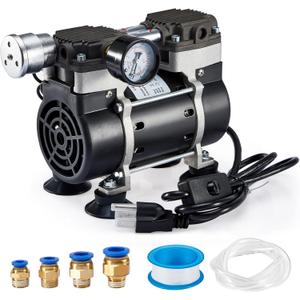 Vacuum Pump 50 L/Min with Switch, Oilless Lab Pump with Vacuum Meter, Aluminum Silencer and 4 Connectors, for Laboratory Electronics Industry
