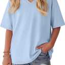 Oakgarden Girls' Shirts 5-14 Years Oversized Short Sleeve Summer T-Shirts V Neck Drop Shoulder Top Kids Casual Basic Cute Tee (Blue)