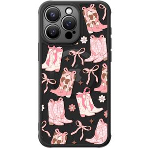 FUNMIKO for iPhone 15 Pro Case Wireless Charging & Military-Grade Protection - Cute Floral Design for Women Girls, Non-Slip Matte Cover with Shockproof Corners - Boots and Bows