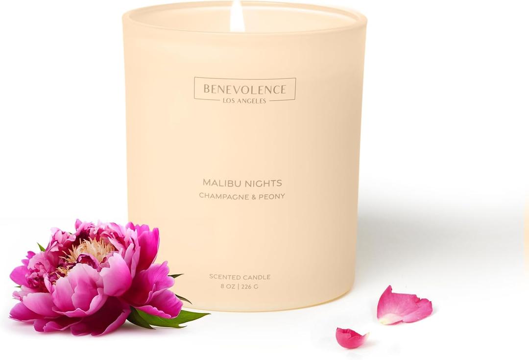 Benevolence LA Soy Wax Candle | Champagne & Peony Scented Candle | 8oz, 45-Hour Burn | Natural Wax, Cotton Wick | Malibu Sands Collection (8 oz)