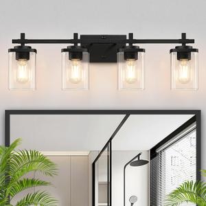4-Lights Matte Black Bathroom Light Fixture, Modern Black Vanity Lights Over Mirror with Clear Glass Shade, Bathroom Wall Mounted Lamp for Mirror Living Room Hallway Cabinet
