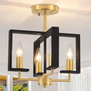 TOULMJ 4-Light Semi Flush Ceiling Light, Black Gold Ceiling Light Fixture, Farmhouse Light Fixture for Kitchen Island Hallway Entryway Laundry Room Bedroom