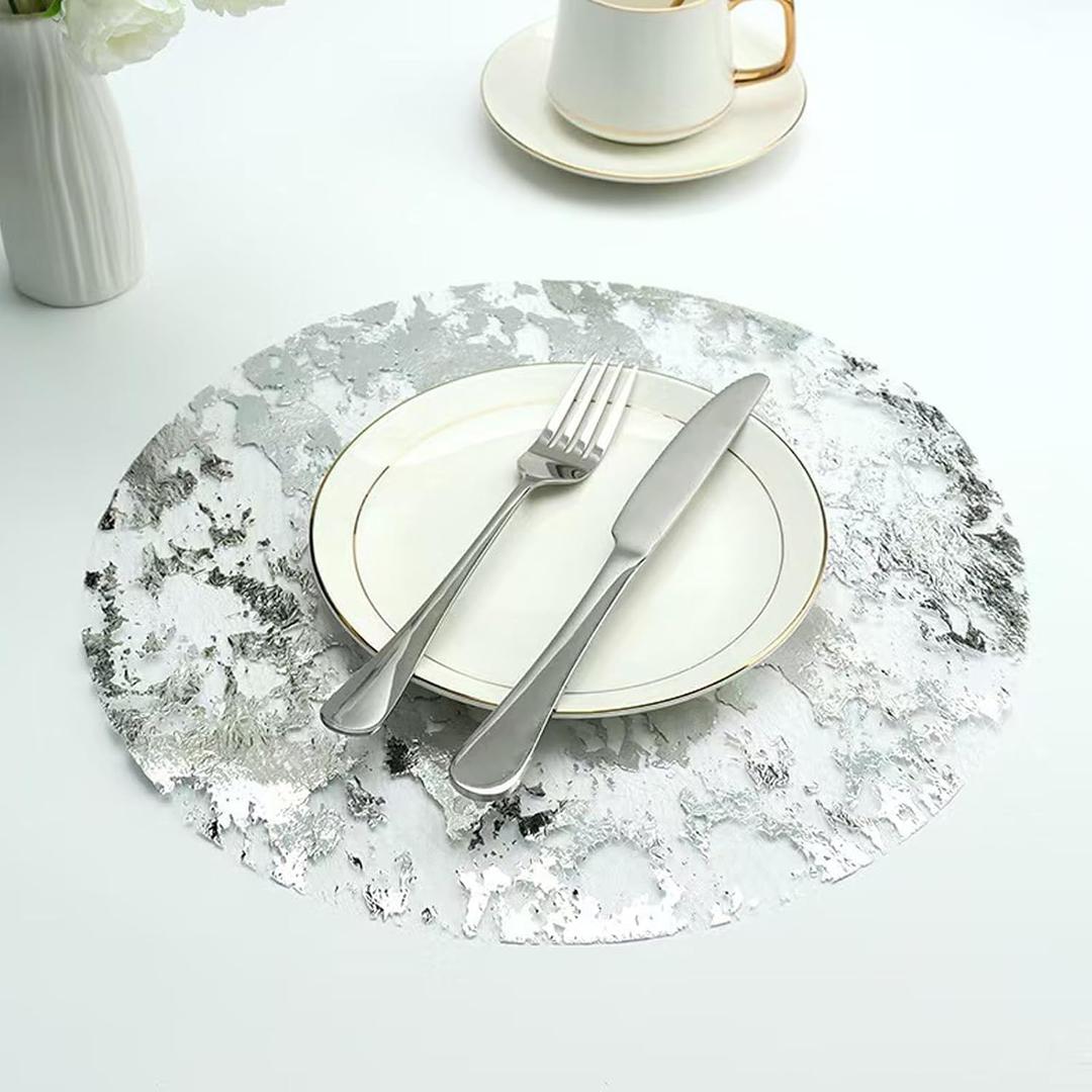 Disposable Silver Placemats Set of 100 Silver Doilies Charger Round Metallic Glitter Foil Pressed Dining Table Decoration Centerpieces for Party Wedding Birthday