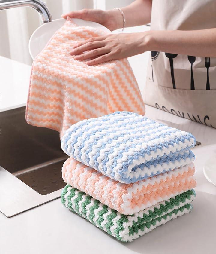 2 x Kitchen Dish Cleaning Cloth, 3-Pack Coral Fleece Absorbent Hand Towels with Pineapple Pattern, Small Square Hanging Dishcloth for Sink and Counter