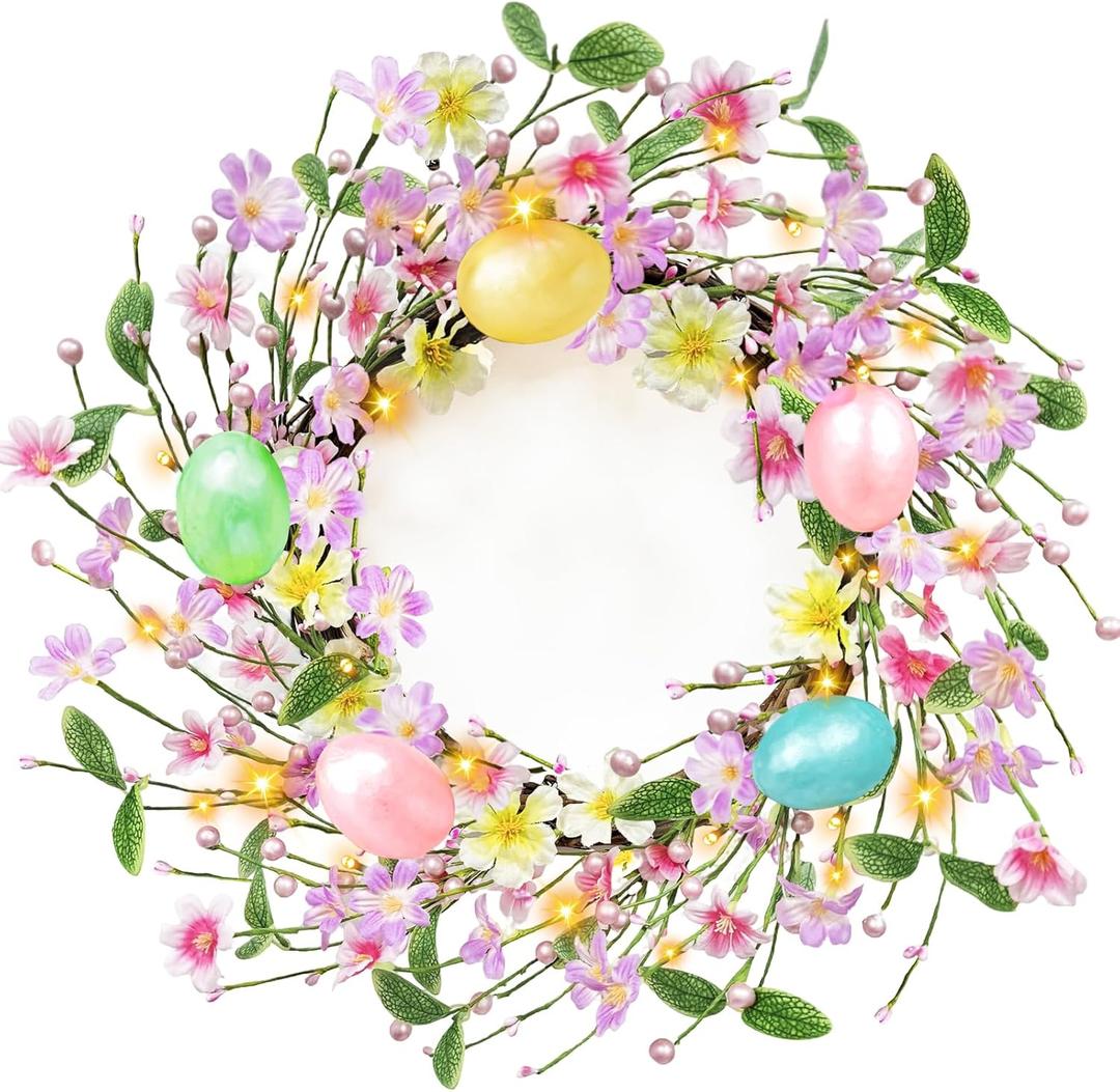 Timer - 20 Inch Easter Wreaths for Front Door Easter Decorations, Easter Wreath with 20 LED Lights Colorful Eggs Flowers Leaves Berried Spring Wreath Decor for Home Holiday Farmhouse Indoor Outdoor