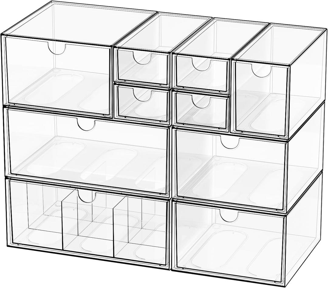 Desk Organizer Set, Clear Stackable Dustproof Storage Boxes for Desktop, Office, DIY Craft & Vertical Space Saving, Perfect for Makeup, Stationery, Jewelry Organization (10 Drawer)