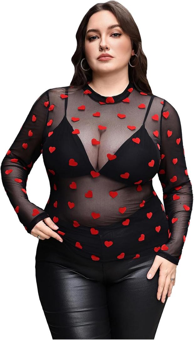 WDIRARA Women's Plus Size Floral Print Sheer Mesh Top Round Neck Long Sleeve Blouse (Black, XXXL)