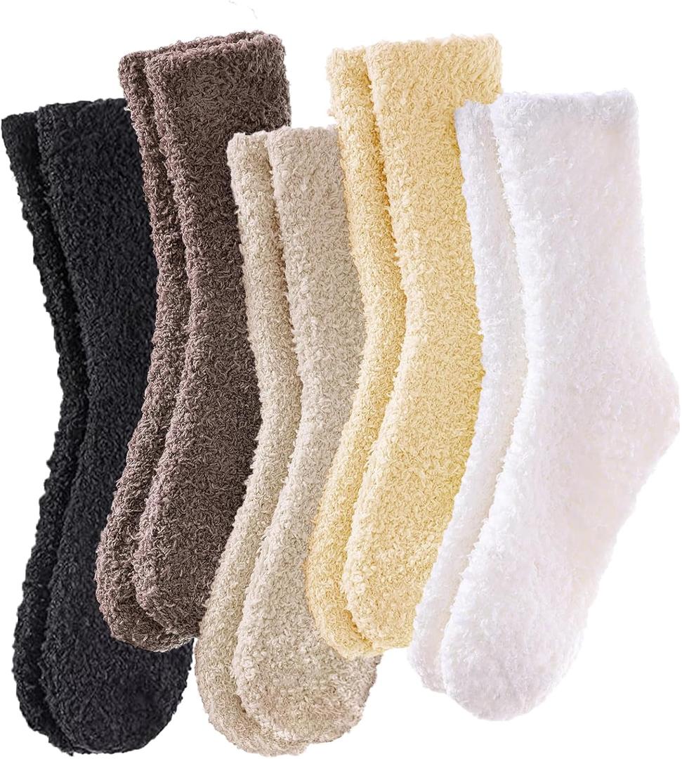 VoJoPi 5 Pairs Fuzzy Socks for Women - Microfiber Super Soft Fluffy Warm Winter Home Bed Cute Sleeping Cozy Socks, US 5-10 (01-black/Brown/Khaki/Yellow/White)