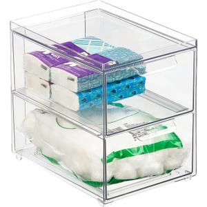 mDesign Stackable Storage Containers Box with 2 Pull-Out Drawers - Stacking Plastic Drawer Bins for Master or Guest Bathroom, Linen Closet, Vanity, or Makeup Table - Lumiere Collection -Clear (8 x 6 x 7 (Pack of 1))