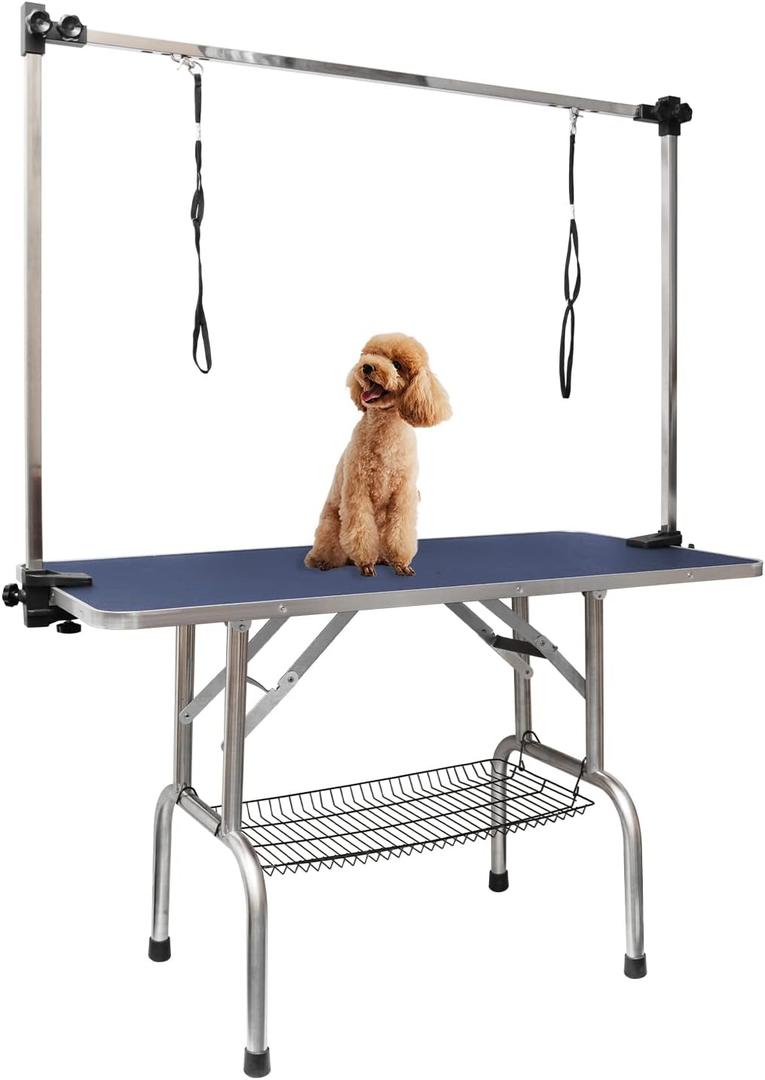ROOMTEC 36" Dog Grooming Table,Foldable Home Pet Bathing Station with Adjustable Height Arm/Noose/Mesh Tray (Blue)