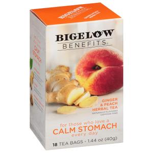 Bigelow Tea Benefits Calm Stomach Ginger Peach Caffeine Free Herbal Bags, 18 Count, Pack of 6