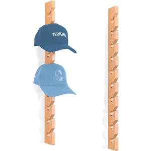 Solid Wood Hat Rack for Wall (2 Pack) - 20 Baseball Cap Organizer - Premium Beech Hat Holder & Vertical Display - Heavy Duty Hat Hangers for Closet, Door, Mens Room Decor (Natural)