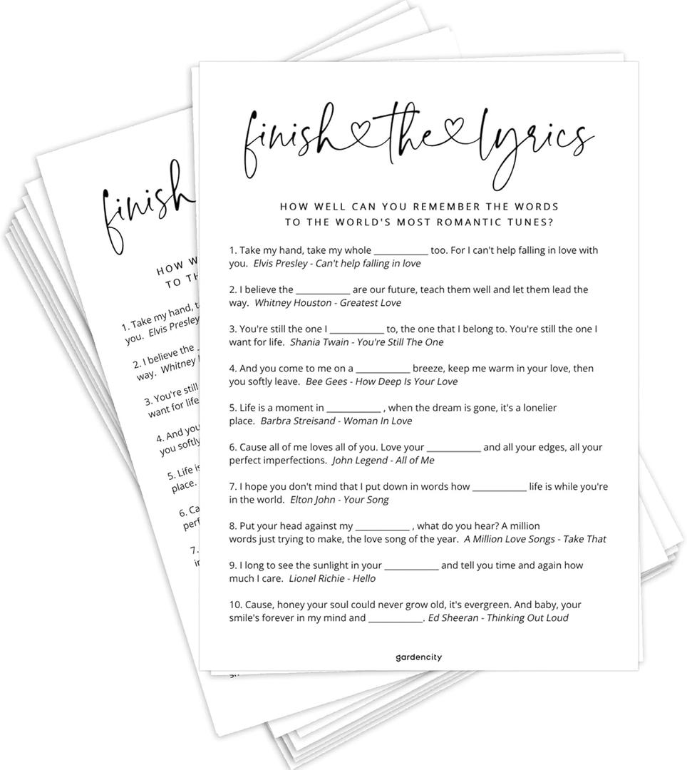 Finish the Lyrics, Bridal Shower Games for 50 Guests, Wedding Shower Games, 50 Cards, Minimalist