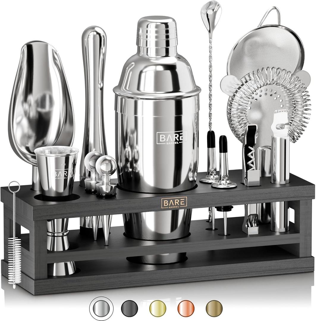 BARE BARREL Mixology Bartender Kit Bar Set | 16-Piece Cocktail Shaker Set | Martini Barware Mixing Tools for Home Bartending | Incl. 35 Recipe Cards | Gift Set (24oz Cobbler Shaker, Silver/Black)