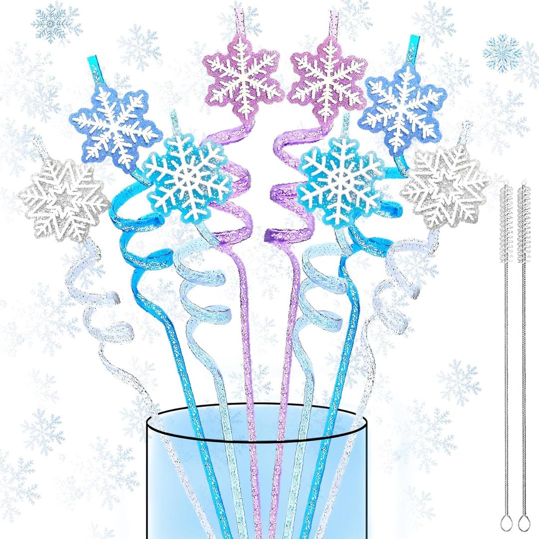 LEDUO Reusable Frozen Drinking Straws-24Pcs Glitter Snowflake Plastic Straw Party Favors-Frozen Party Decoration -Winter Snow Birthday Party Decor Supplies-Christmas Goodie Bag Stuffer Classroom Prize